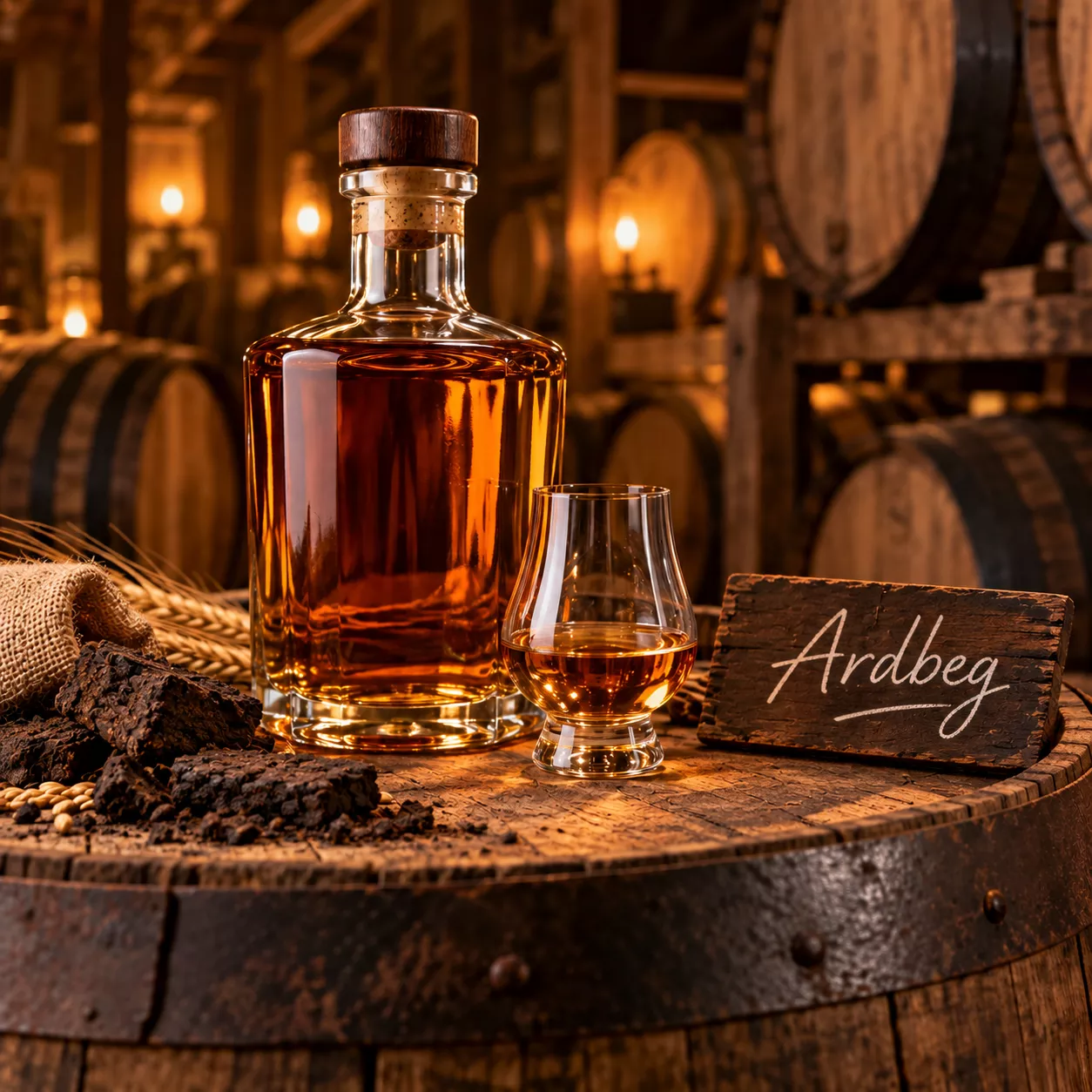 Whisky Ardbeg présenté dans une ambiance de cave et fûts en bois – Le Comptoir Gourmand Carouge