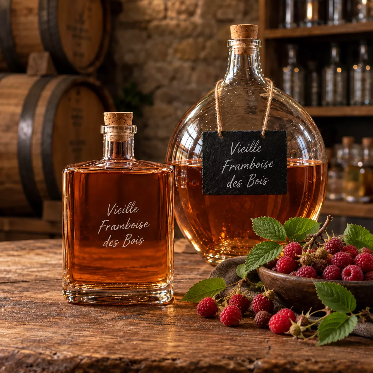 Vieille Framboise des Bois, eau-de-vie artisanale en bouteille